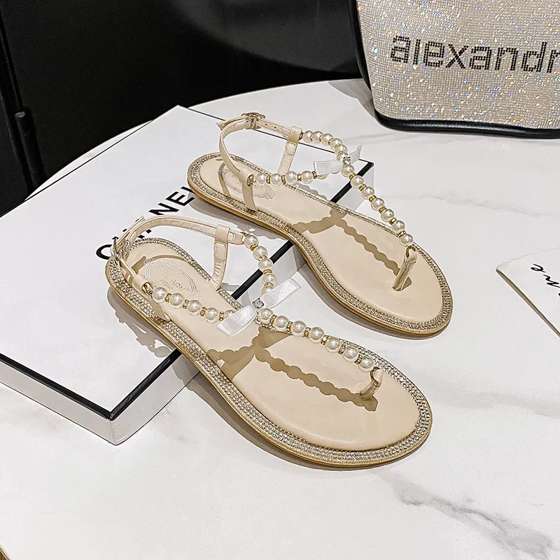 Plus size 42 43 women fashion pearls T-strap sandals flip flop beach shoes sweat ladies summer shoes wedding shoes flats sandals