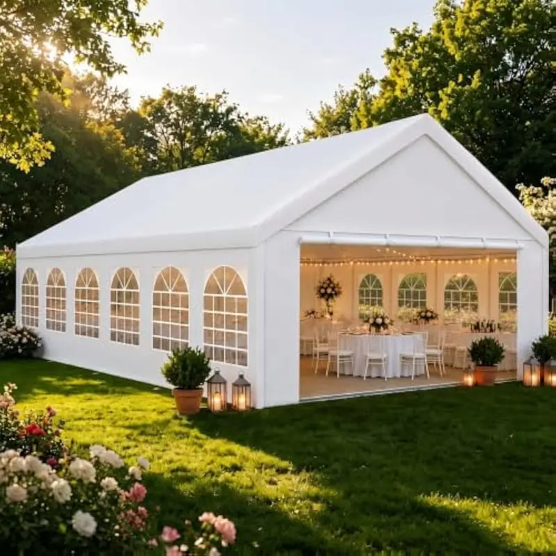 20x40 ft Rectangular Waterproof Canopy Tent with UV99% Protection, 6 Detachable Sidewalls, 2 Zippered Chapel Windows, Alloy Stee