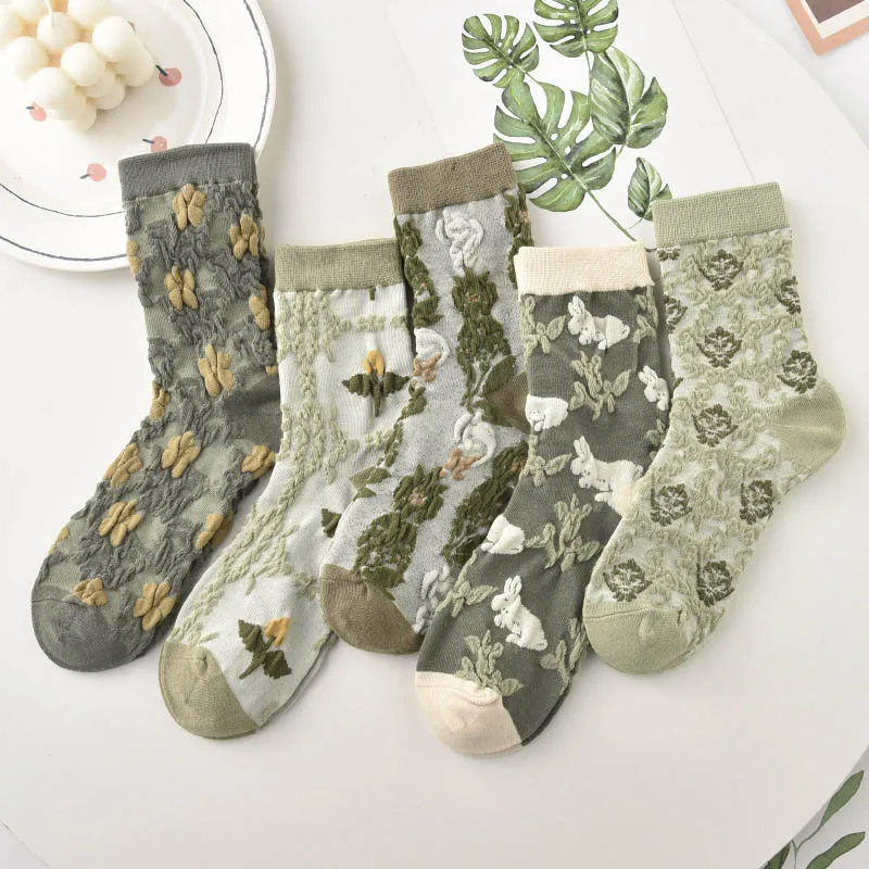 

5 Pairs Women Socks Set New Retro Country Style Green Autumn Floret Soft Skin-friendly Breathable Korean Fashion Socks