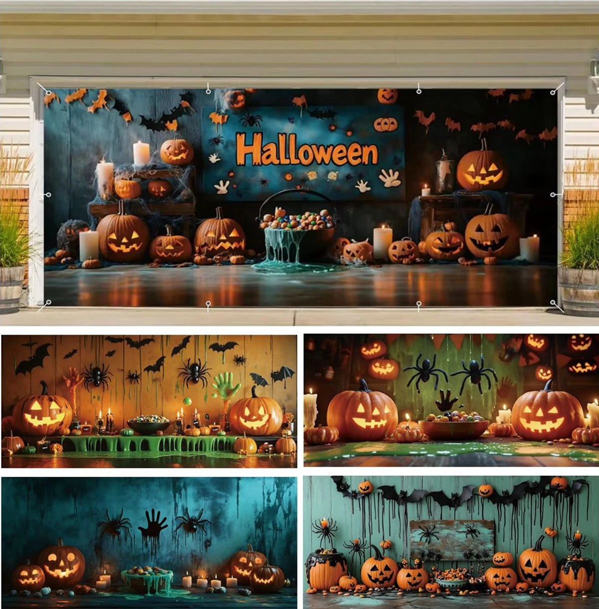 Terrible Pumpkin Spider Halloween Garage Door Decoration Backdrop Banner Home Yard Indoor Outdoor Party Large Hanging Background