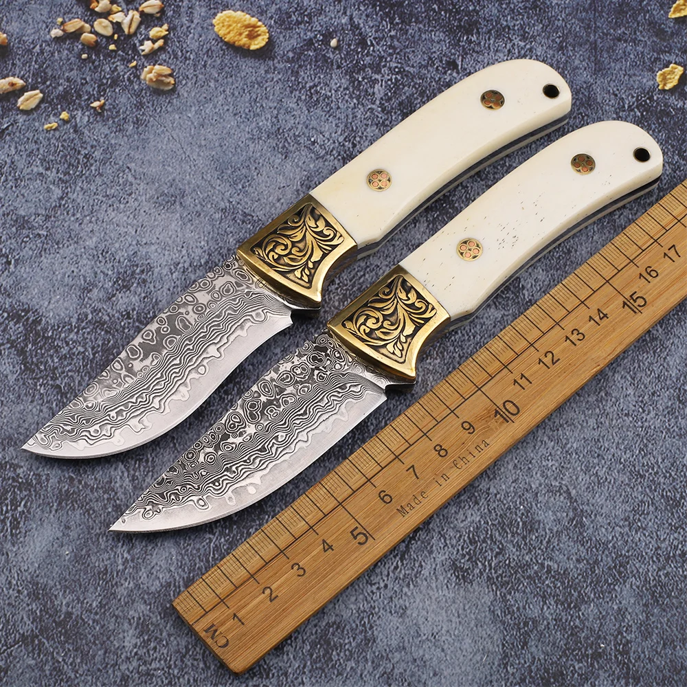 New Damascus Blade Bone Handle Camping Hunting Outdoor Rock Climbing Pocket Fruit Knife EDC Tool