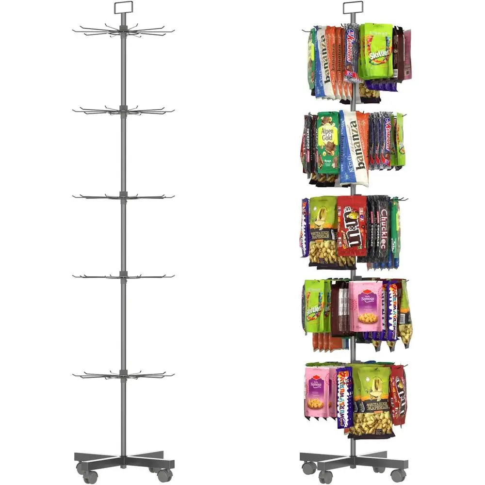 Retail Display Racks 5 Tier Spinning Display Stand, Movable Shop Spinner Rack with Hooks, Retail Display Stand for Keyring Hats