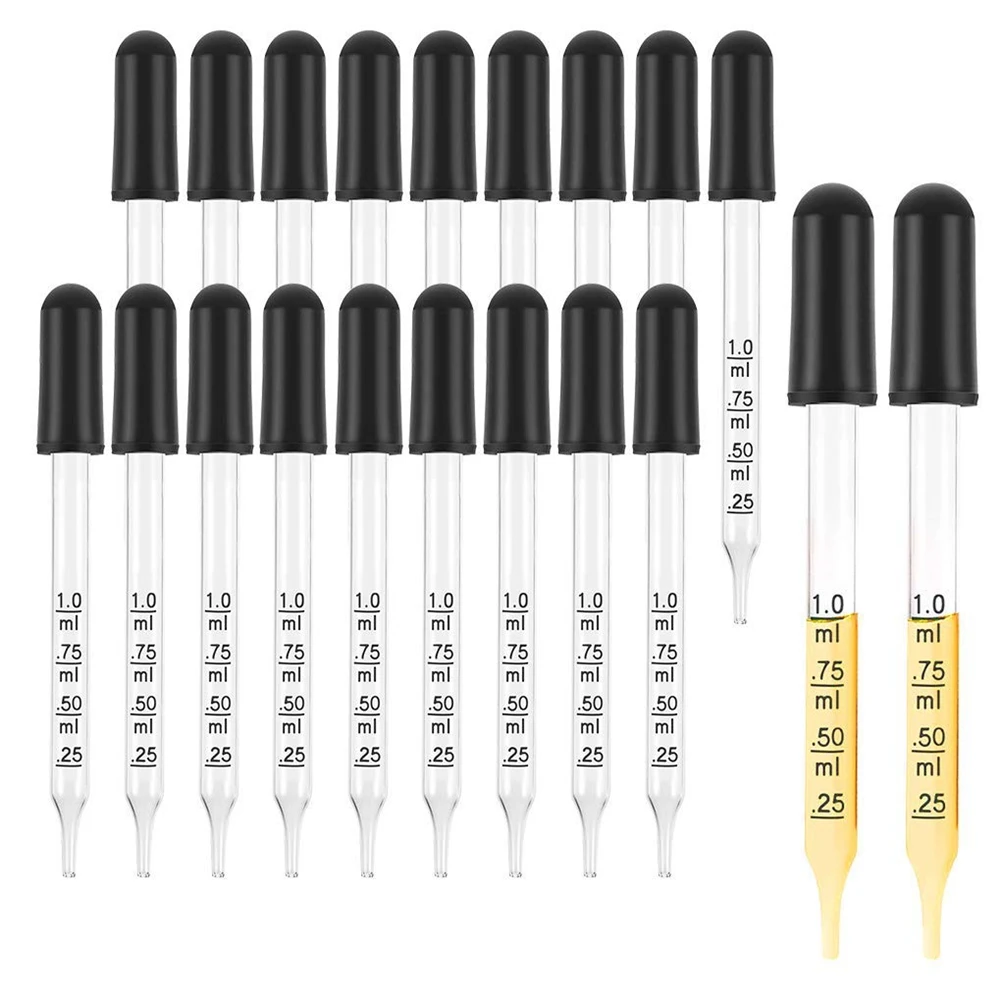 20Pcs 1Ml Glass Liquid Droppers, Eye Dropper Pipettes with Black Suction Bulb, for Makeup Art Liquid,Straight Tip Style