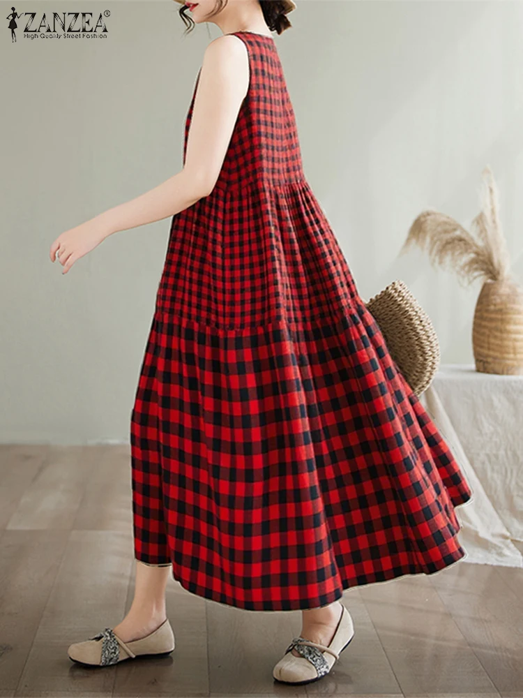 ZANZEA Casual Loose Plaid Dress Women Summer Sundress Vintage Pockets Sleeveless Vestidos 2025 Vintage Patchwork Party Vestidos