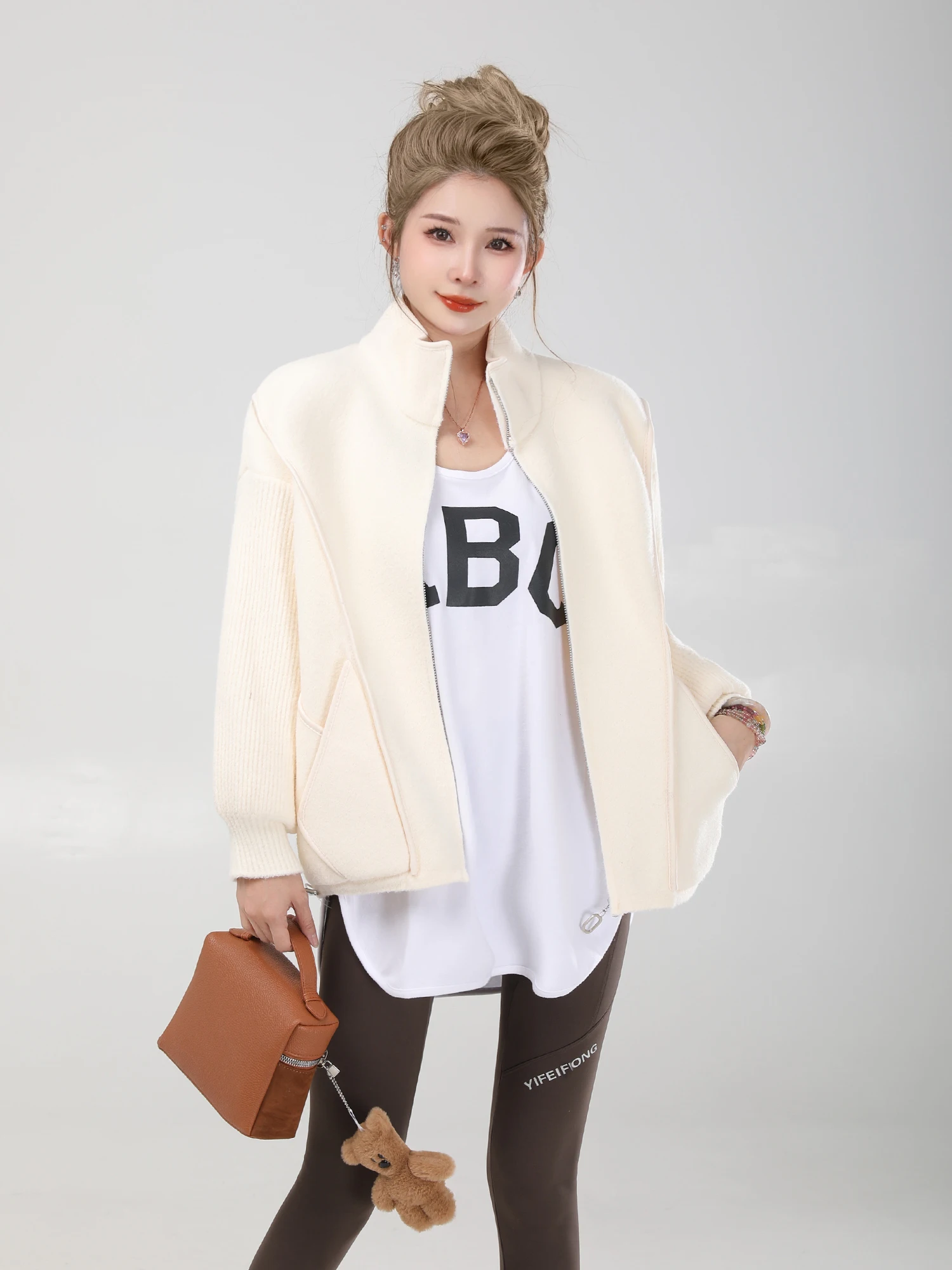 

Women's Knitted Open Cardigan Sweater ort Jaet Stand Collar Fufu Baseball Sle Long Sve Regular Length Pure Color