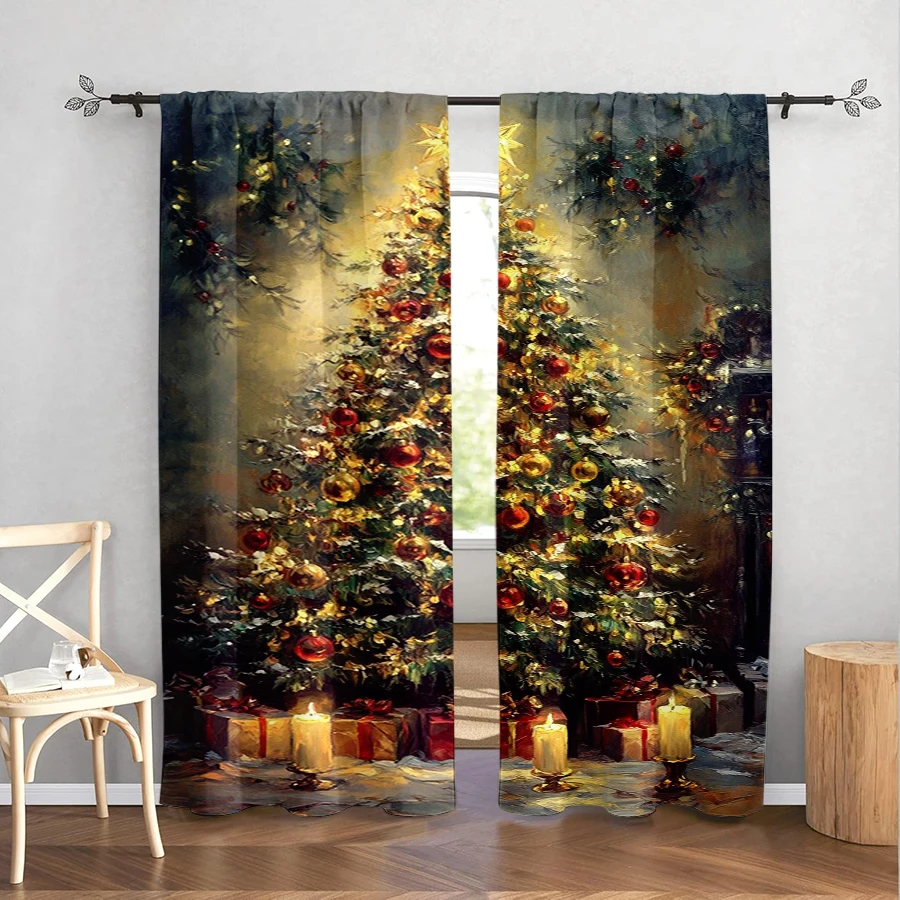 2PCS Vintage Oil Painting Christmas Tree Curtains, Candle Gift Winter Holiday Window Drapes for Bedroom Living Room Decor