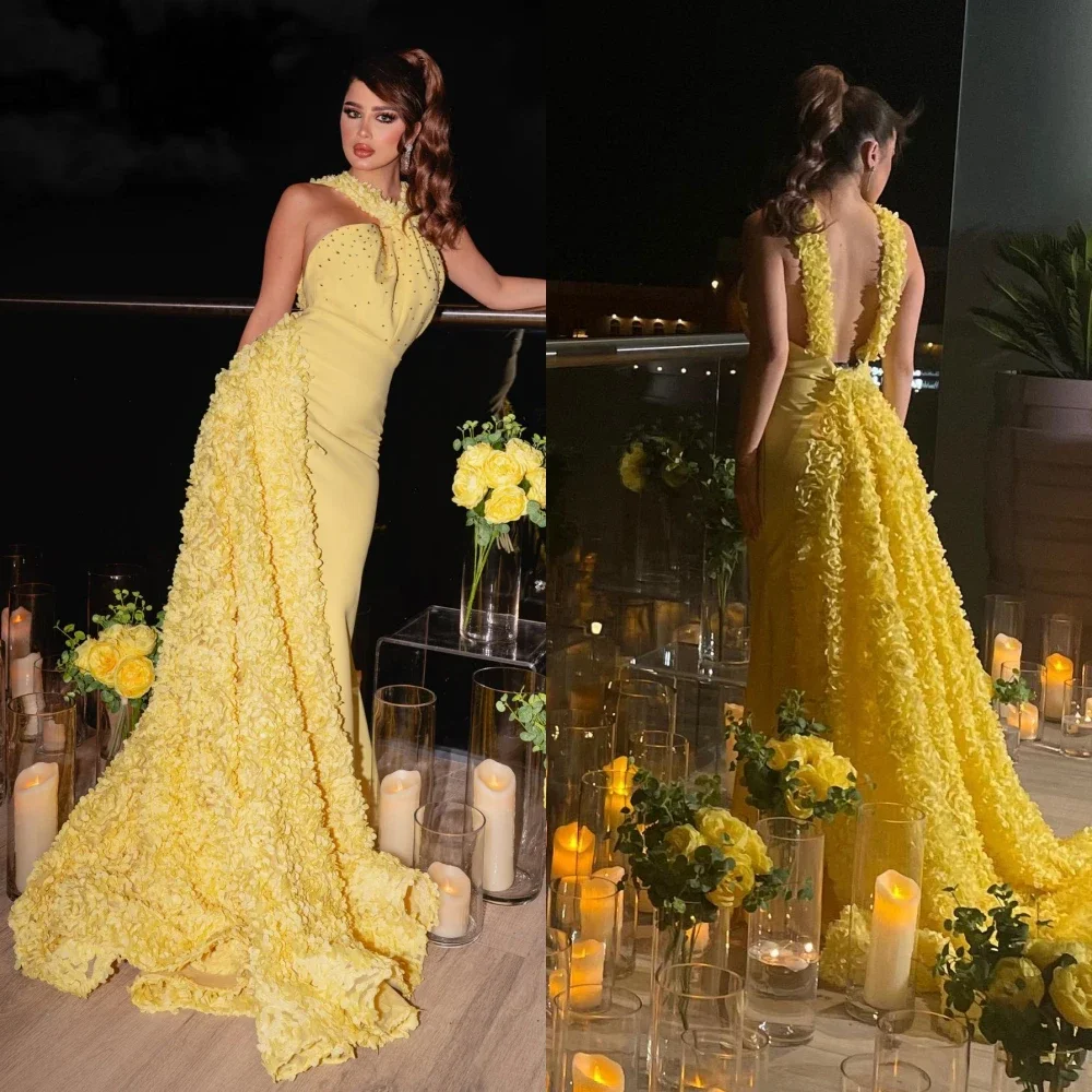 

Formal Gown Prom Saudi Arabia Halter A-line Floor Length Open Back Skirts Applique Handmade Flower 3D Flower Bespoke Occasion Dr