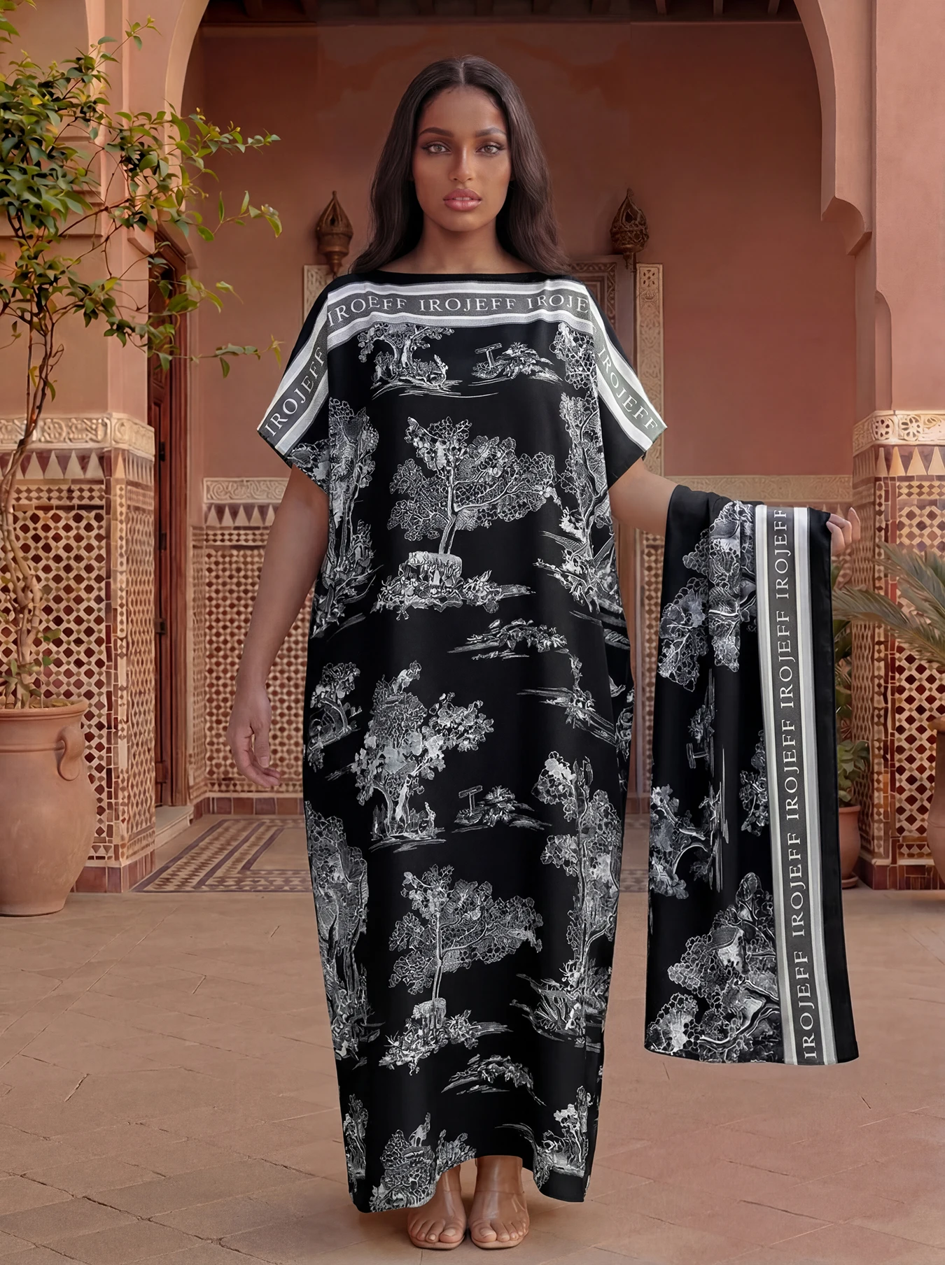 Vintage Landscape Tree Print Satin Abaya Scarf Set, Loose Batwing Maxi Kaftan For Muslim Women Summer Daily Holiday Outfit
