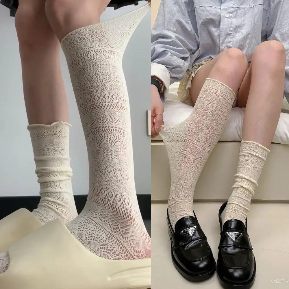 

HOT 1 Pair Women Sweet Lace Pile Socks Retro Flower Slimming Pile Sock Breathable Cotton Mid Tube Socks JK Lolita Girls Stocking