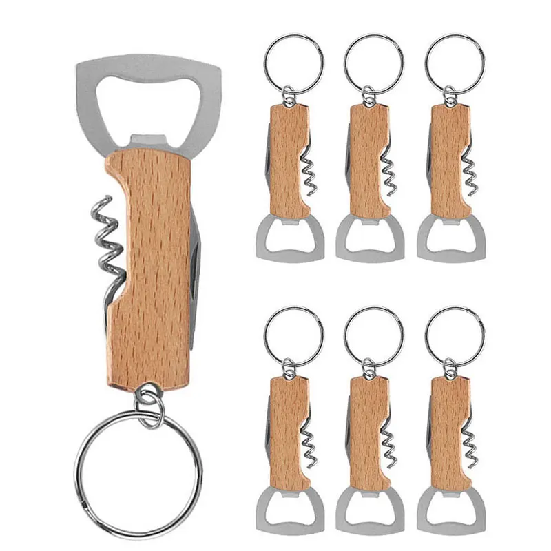 

40Pcs Multi-Functional Portable Beer Bottle Opener with Keychain Metal Beech Wood Wine Corkscrew Opener Can Opener Mens Gift