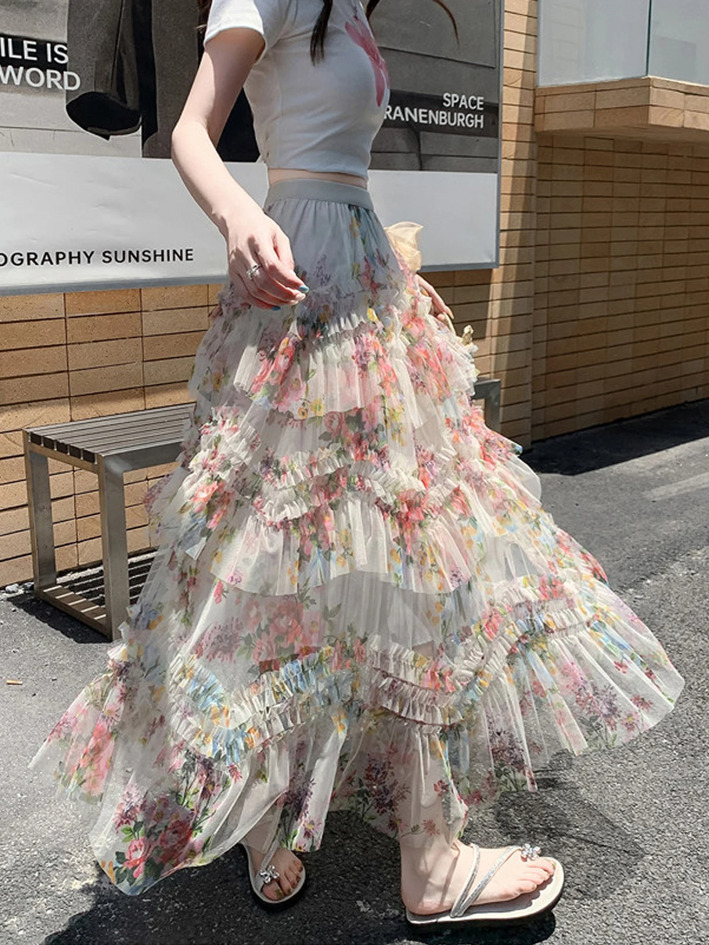 

Floral Lace f Skirt Women's Spring Summer New Elastic Waist Slimming Puffy A-Line Long Skirt Holiday Sle Breathable Skin...