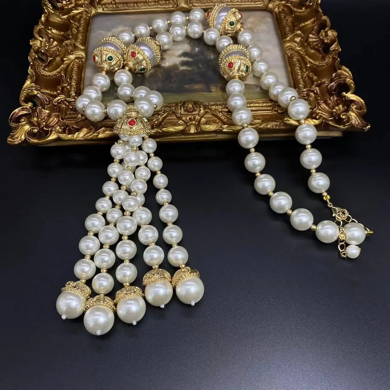 Luxury Vintage Baroque long pearl fringe necklace French delicate elegant colorful rhinestones wedding party jewelry accessories