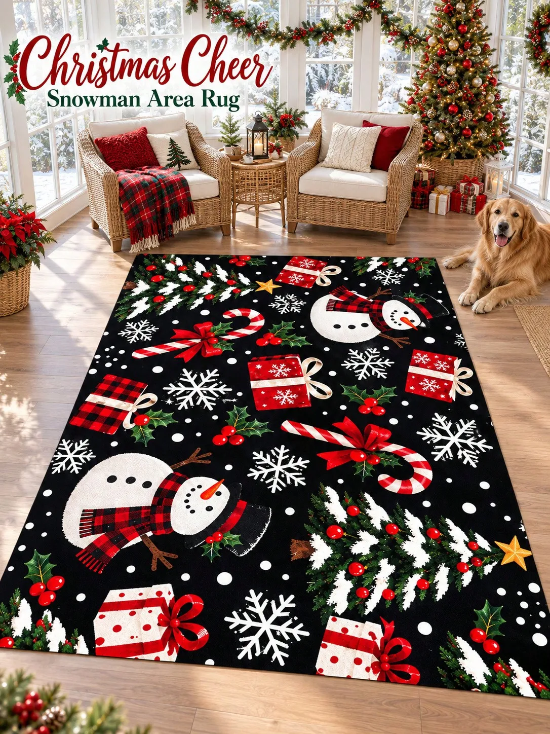 Christmas Rug Snowman Candy Cane Tree Floor Decor Carpet Living Room Bedroom Dining Area Entryway Apartment Cabin Winter Home Accent Beside Sofa Coffee Table Housewarming Birthday Gift for Family Friends Sisters Neighbors Holiday Dinner Gatherings