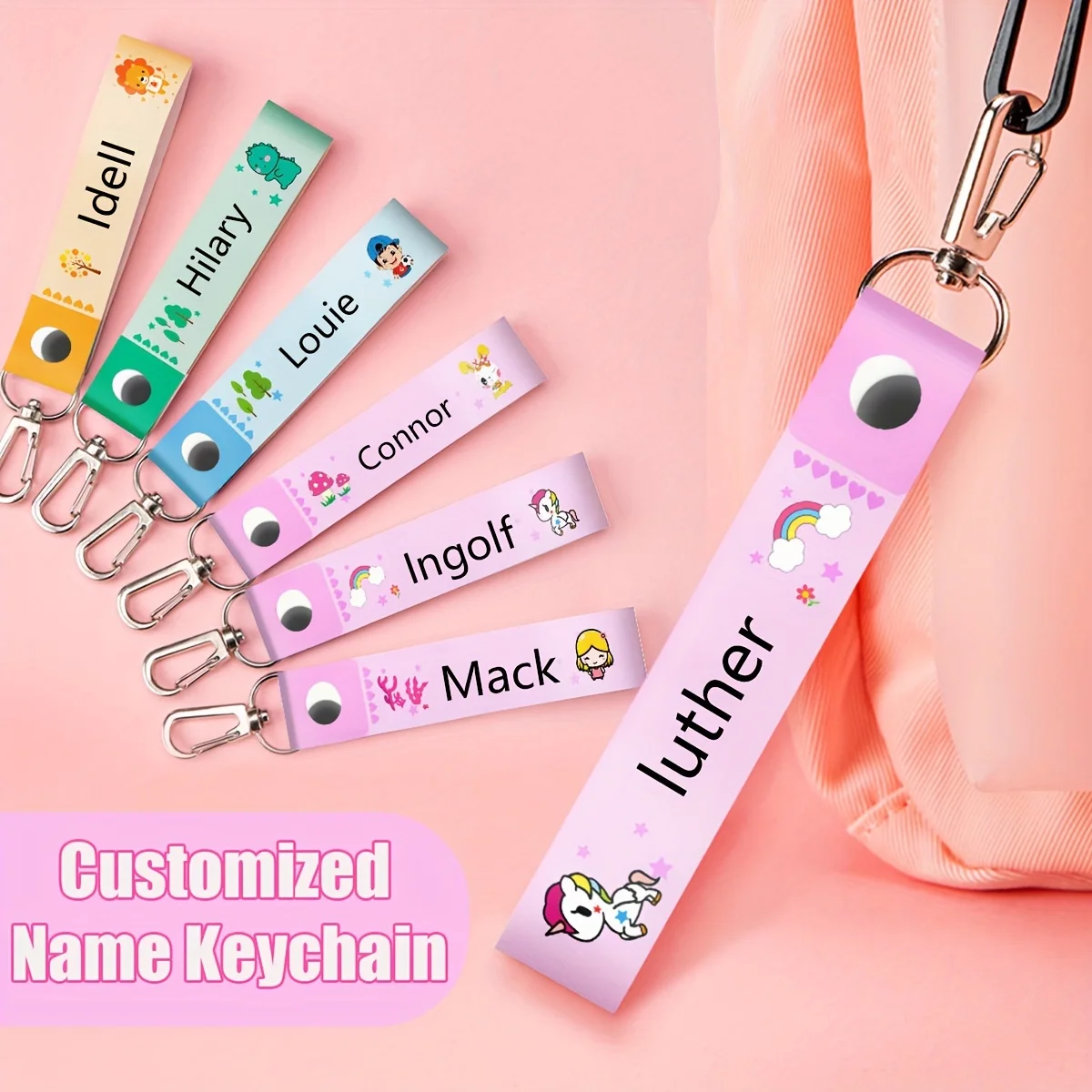 Nome personalizado Pingente Chaveiro, Padrão dos desenhos animados, Impermeável, Resistente ao desgaste, Telefone móvel, Saco, Copo de água, Guarda-chuva Key Buckle