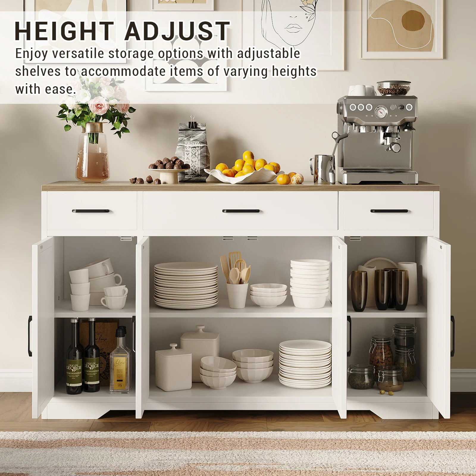 Buffet Cabinet with Storage, 55" Large Sideboard Buffet Cabinet with 3 Drawers and 4 Doors, Wood Kitchen Cabinet Display