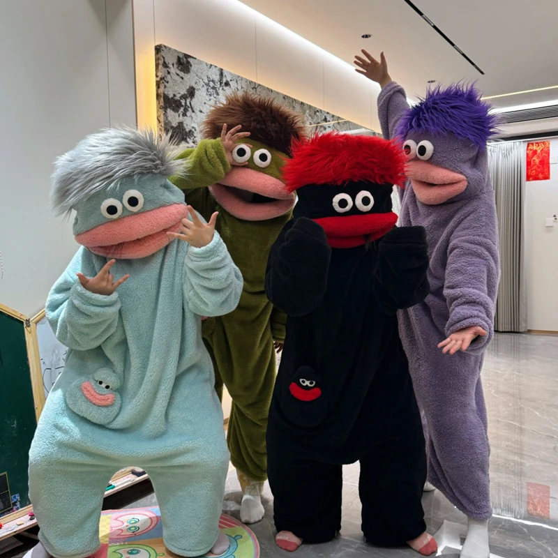 One-Piece Pajamas Green Big-Mouth Monster Winter Coral Fleece Thickened Ugly Cute Funny Abstract  Hairy Ugly Fish Home Wear