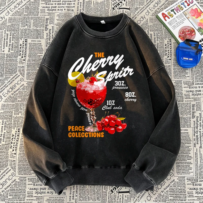 The Cherry Sprits Washed Sweatshirt Womens Fruit Cocktail Printing Tops Oversized O-Neck Cotton Pullover Street Womans Clothes