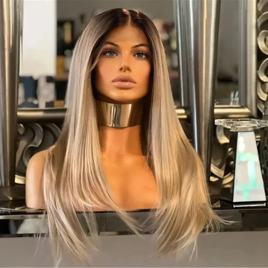 Ombre Ash Blonde Synthetic Lace Front Wigs Highlights lLayer Straight Soft Not Knotted Realistic Look Hairline Full Wigs Female