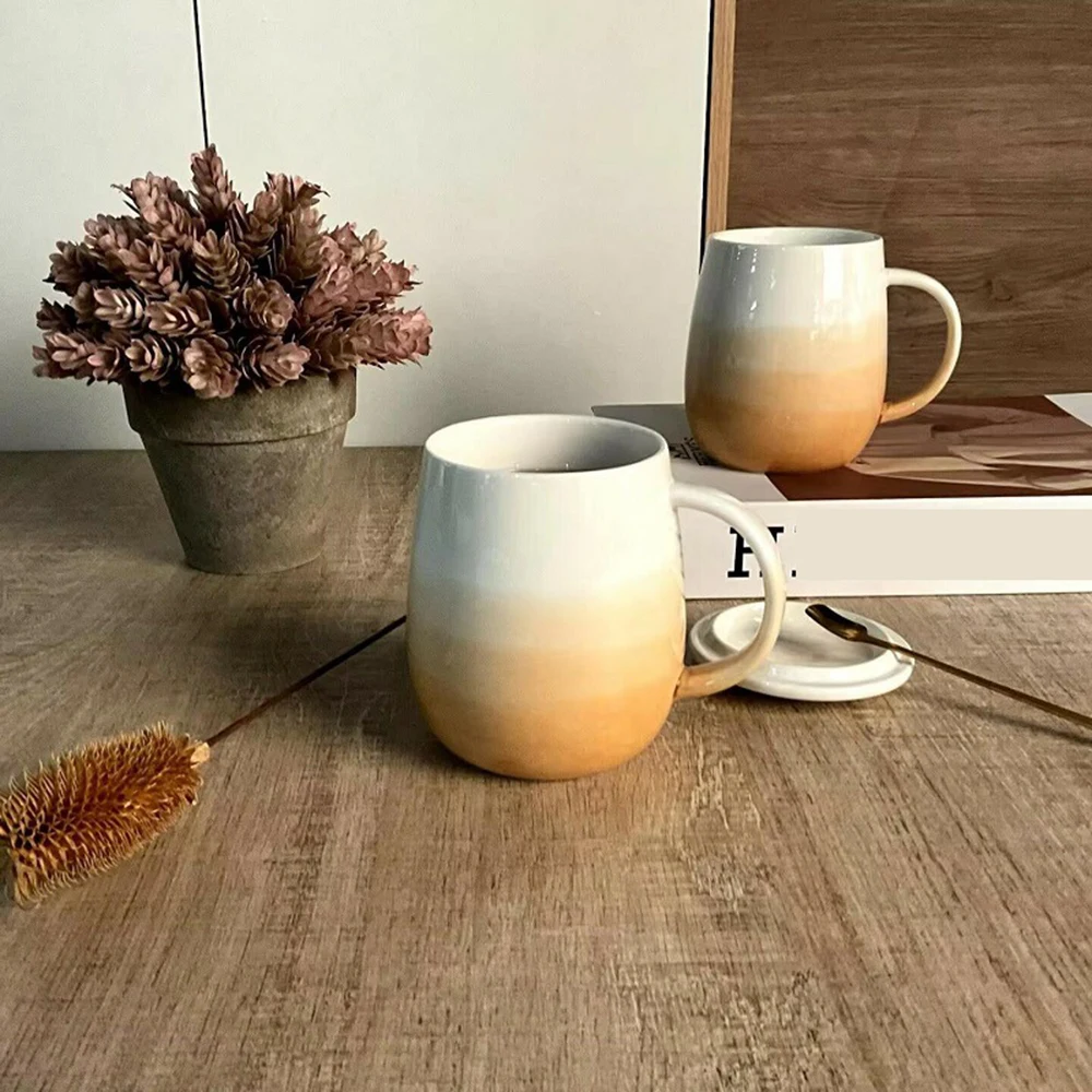 350ml Ceramic Mug with Lid and Spoon Splicing Color Design Universal Drinking Cup Home Office Premium Only Mugs