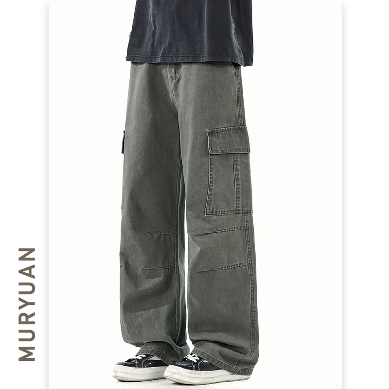 

American Vintage 2025 New Fashion Men’s Solid Color Wide Leg Straight Casual Trendy Spliced Cargo Trousers Male Pants Clothes