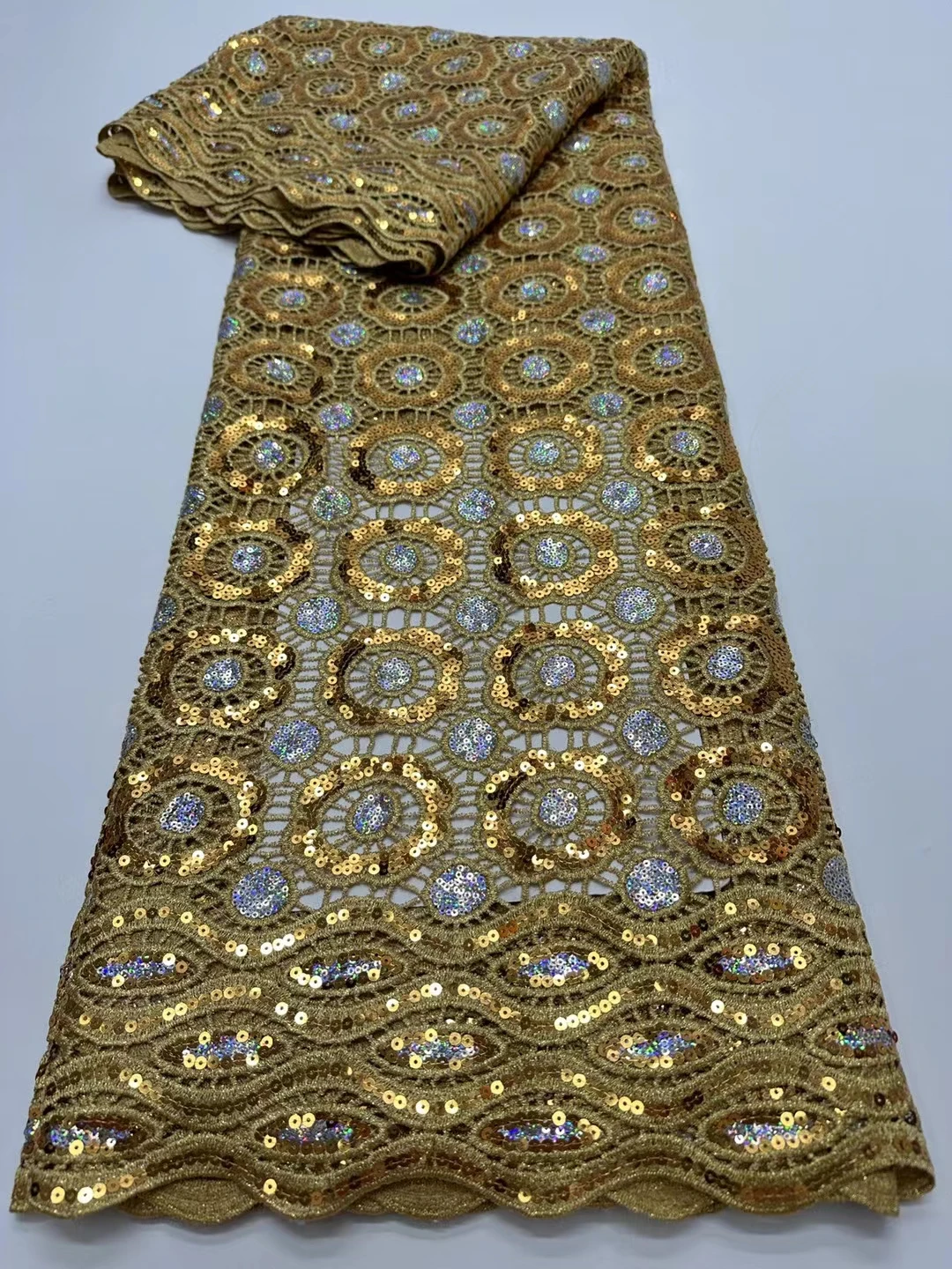 

New Arrival Gold African Guipure Lace Fabric With Sequins Cord Nigerian Water Soluble Lace Fabric For Women Party Dress KR24168