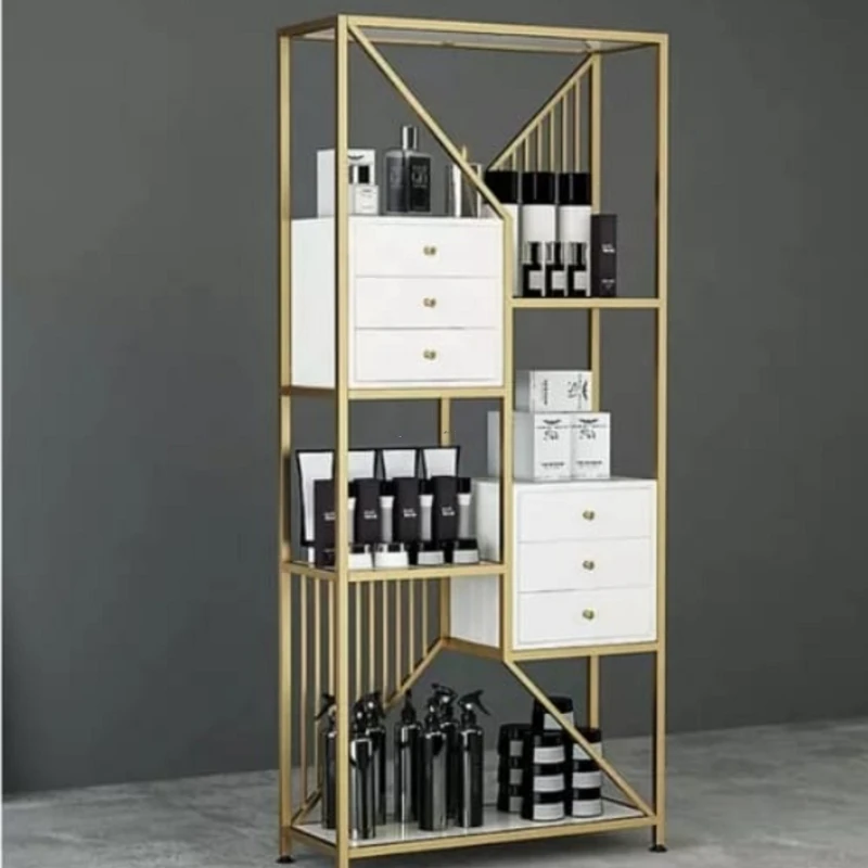 Metal Display Rack Wig Barber Supplies Display Shelf Beauty Salon Spa Modern Metal and Wood White and Gold Brand Retail Store