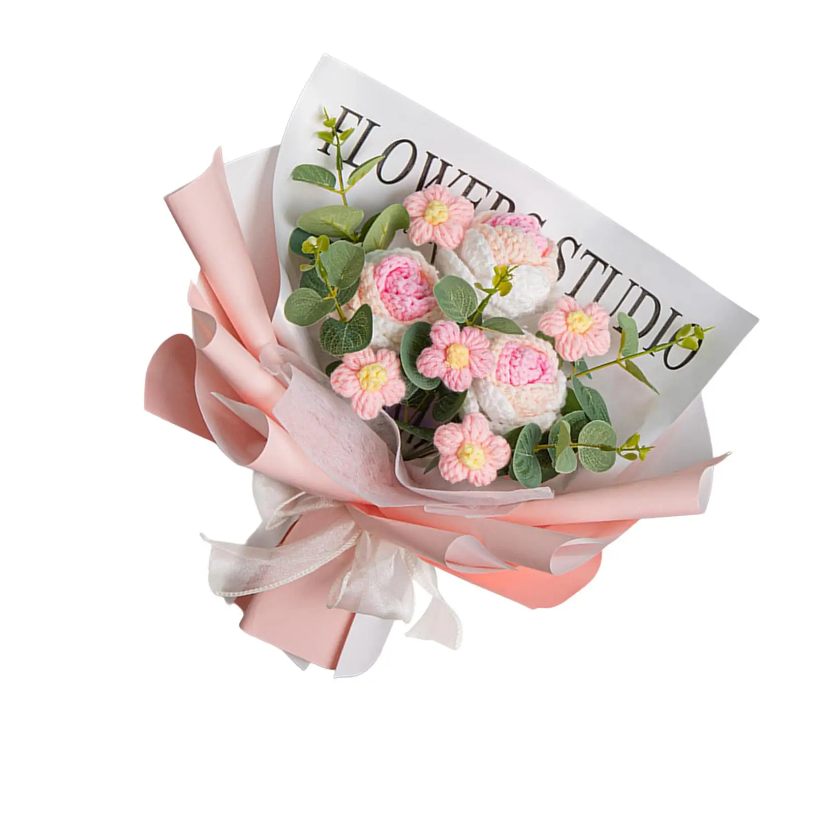 Crochet Flower Bouquet Already Made Decor Faux Tulips Hand Woven Knitted Flowers with Eucalyptus for Valentine's Day Anniversary