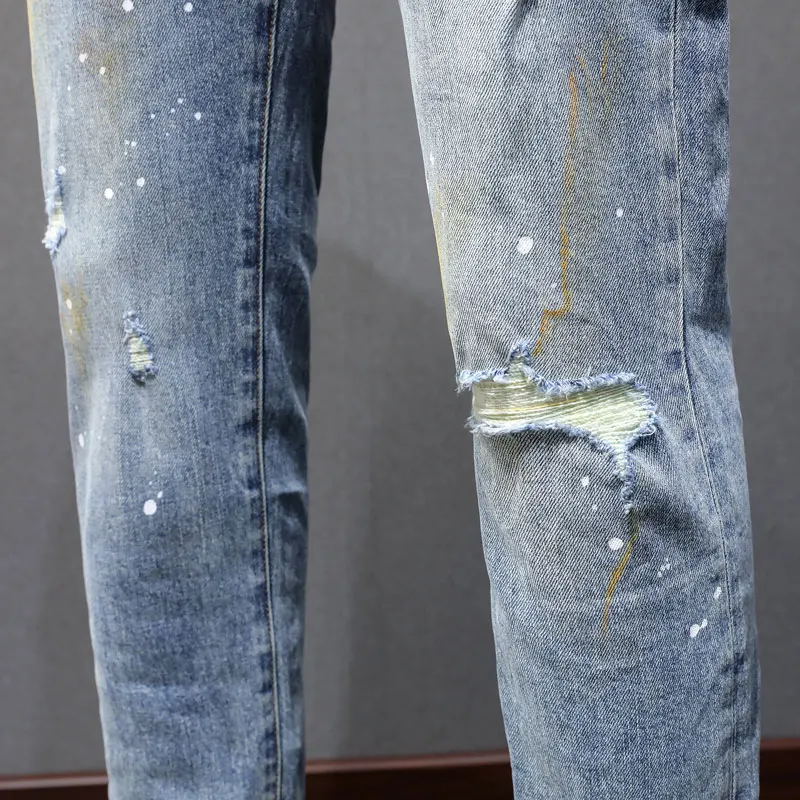 

High Street Fashion New Men's Jeans y2kWrinkles Scratches Nostalgic Elastic Slimming Paint Washed Blue Jeans Hee Brand Pants hom