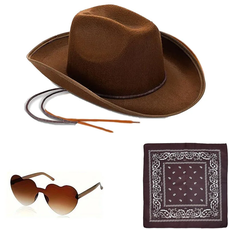 Costume de Cowboy occidental pour adultes, 3 pièces, accessoires, chapeau de Cowboy à lacets, mouchoirs, ensemble de lunettes, déguisement de fête d'halloween pour hommes et femmes