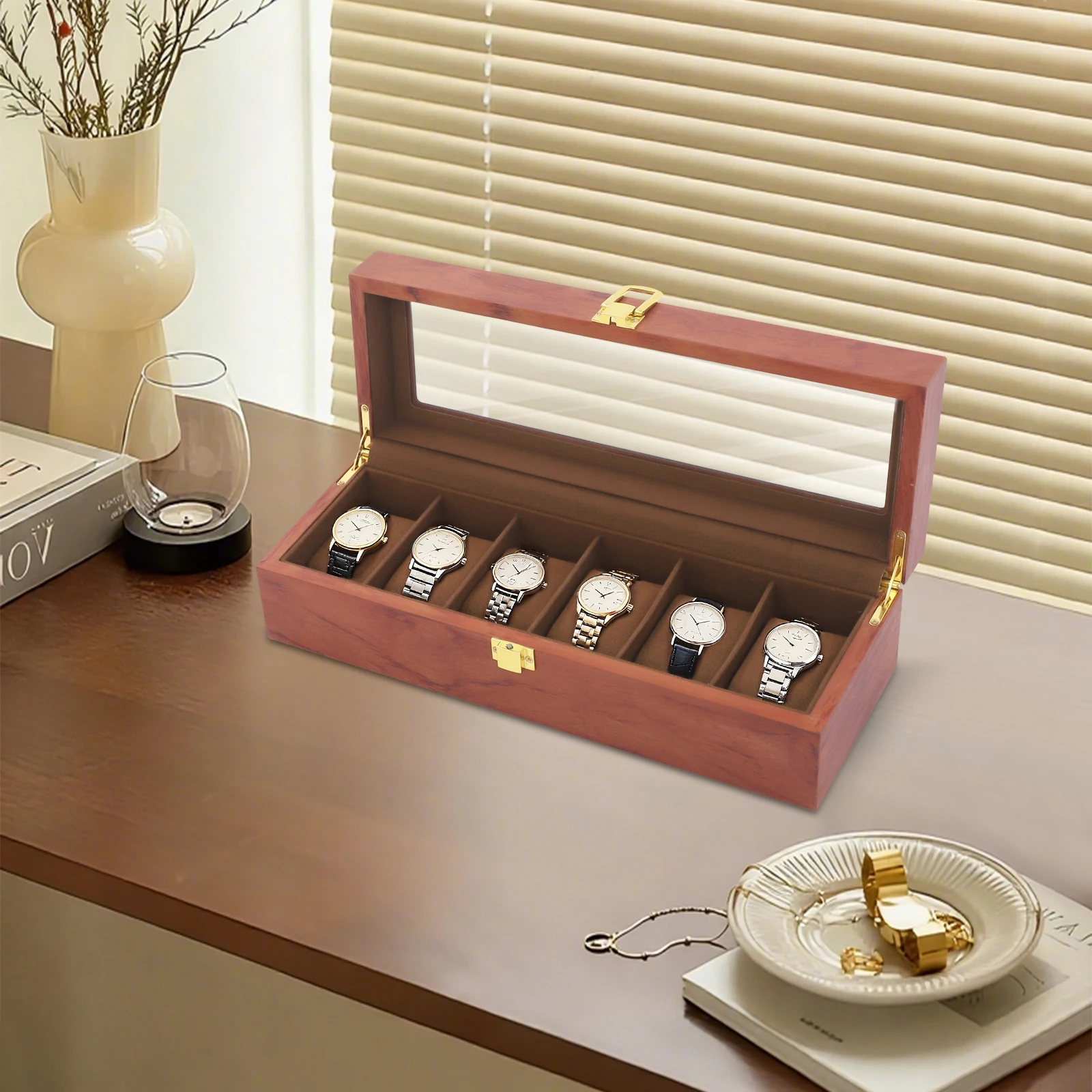 

Коробка для часов с 6 слотами, винтажная коробка для часов, витрина, органайзер, корпус для часов, деревянная коробка со стеклянной крышкой, коробка для демонстрации часов, коричневый