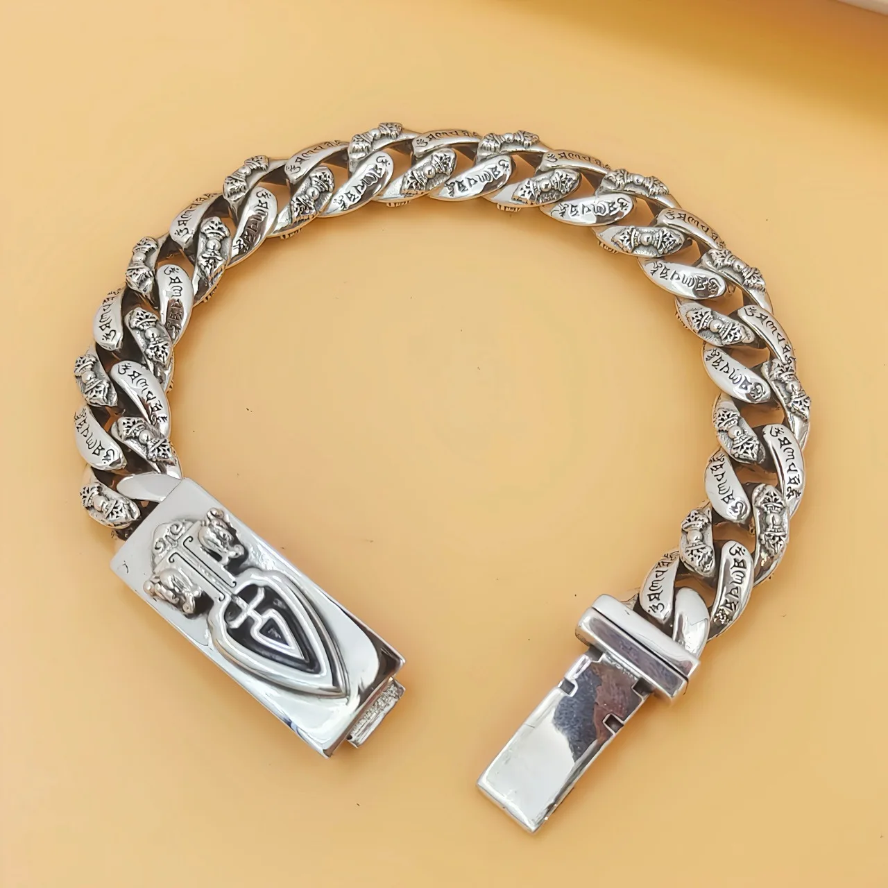 s925 sterling silver trendy retro ethnic style Vajra six words mantra bracelet personality men silver bracelet