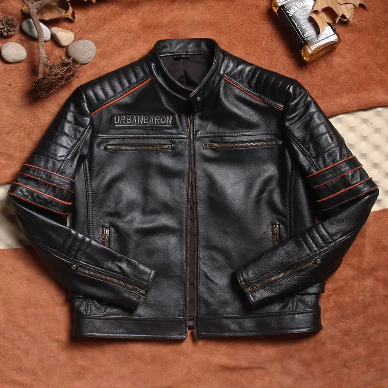 Genuine Leather Mens Jacket Short Standing Collar With Skull Embroidery Harley Motorcycle Men's Real Cow Coat Man