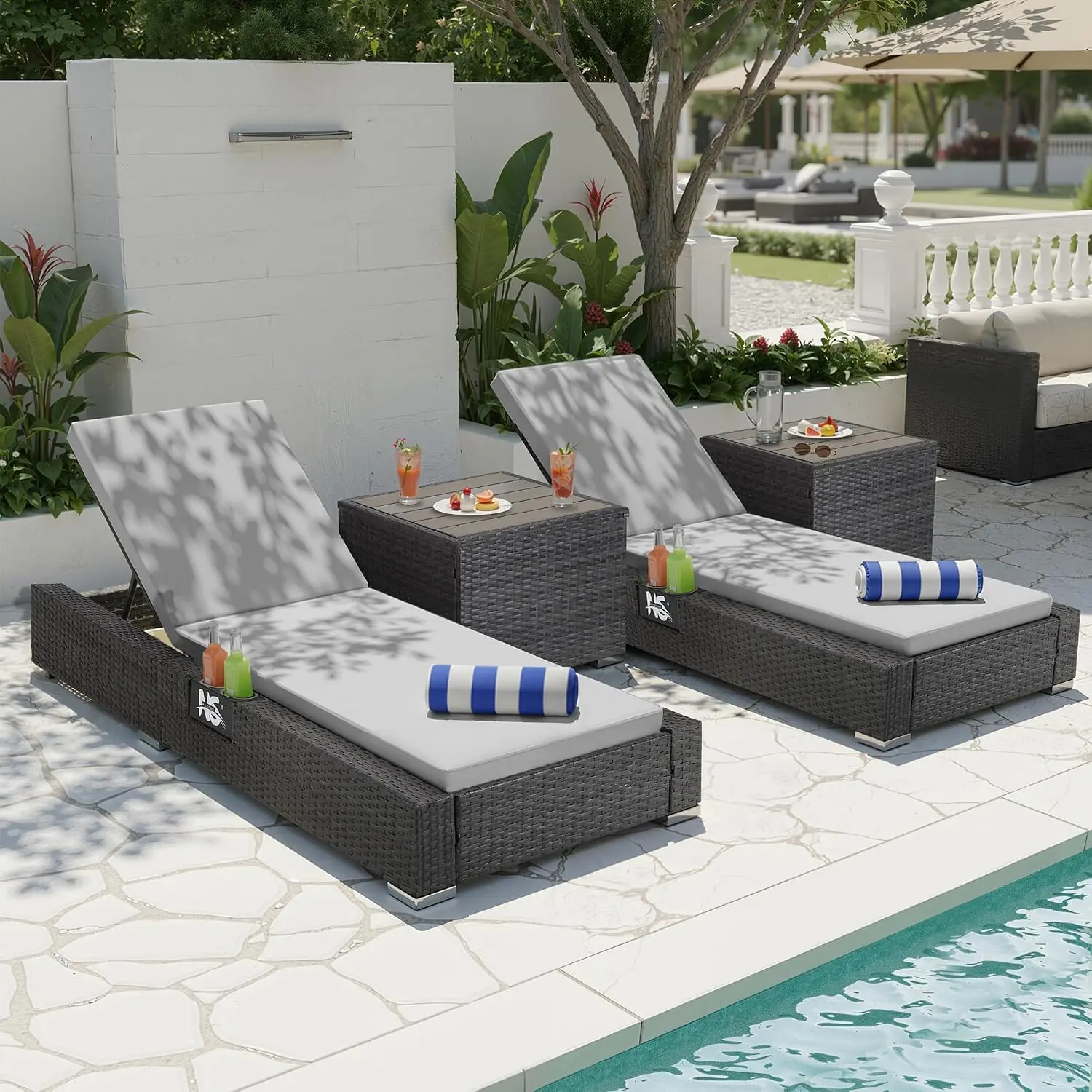 Outdoor Chaise Lounge Set 4 with Side Tables, Adjustable 5-Position Wicker Recliner with Cushions, 500Lbs  Grey, Customized