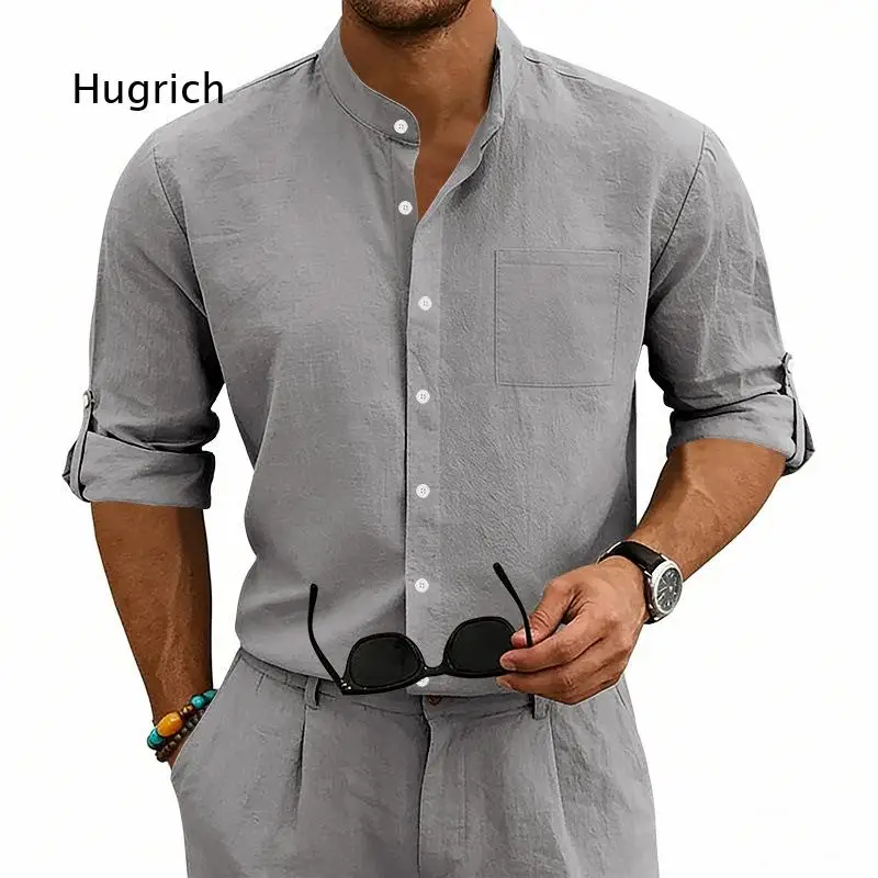 Men's Stand Collar Long Sleeve Button Down Shirt Casual Lightweight Top With Chest Pocket Loose Fit Blouse For Daily Beach