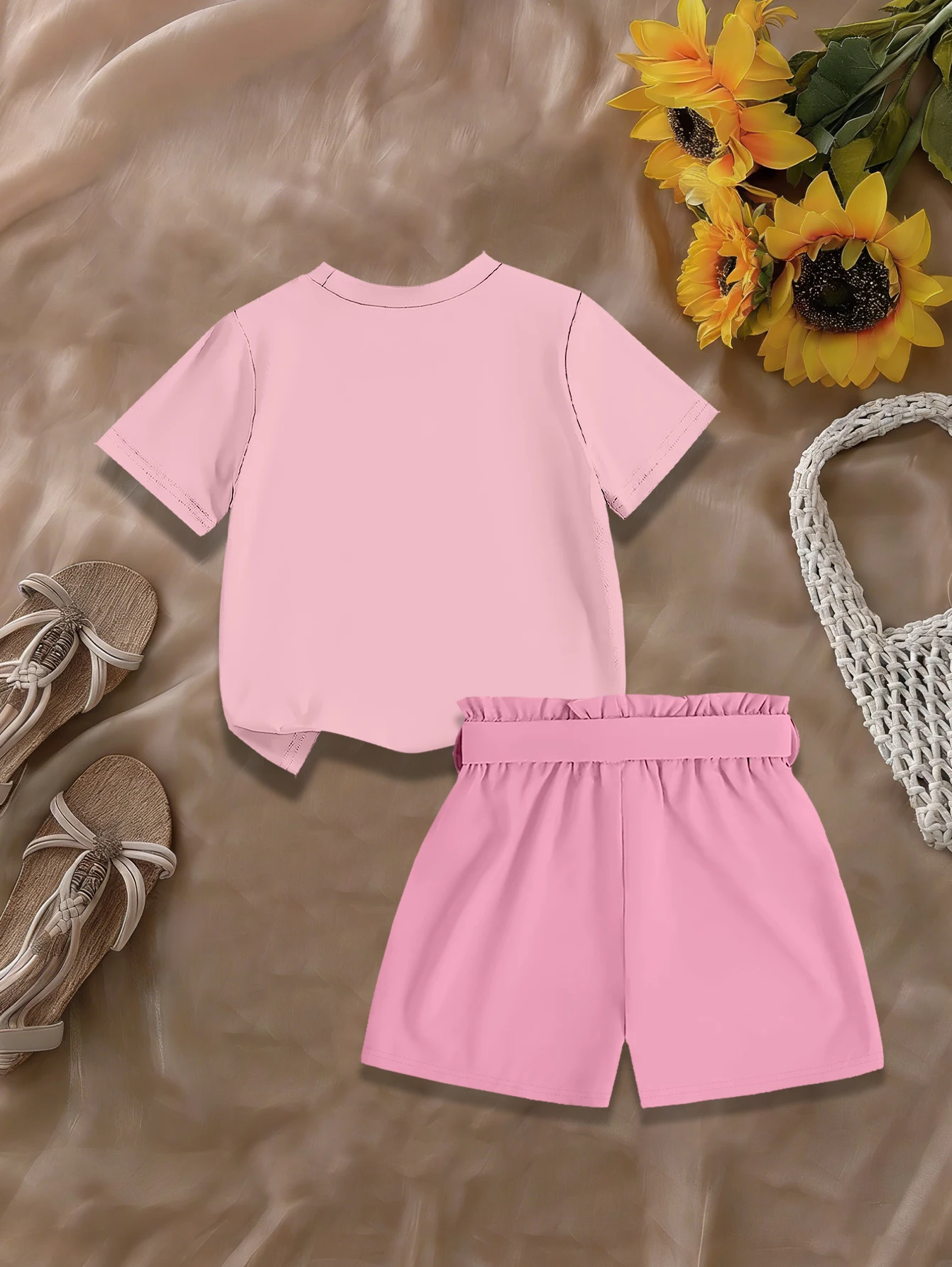 2 pieces: Girls Summer Sweet Set Cartoon Colorful Mushroom Print T-shirt Bow Woven Shorts