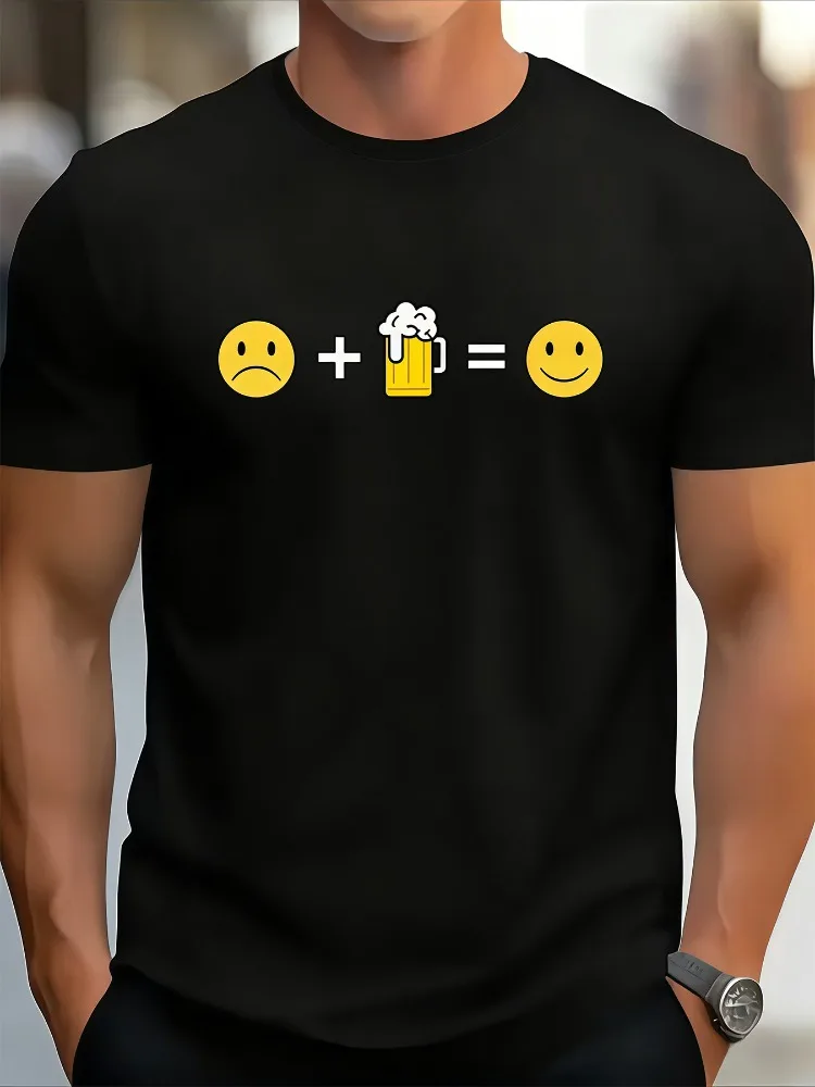 Mens Soft Cotton Tee Sad Beer Mug Emoji Equals Happy Face Short Sleeve Casual Beer Lover Top Gift For Dad Daily Bar Outfit Wear