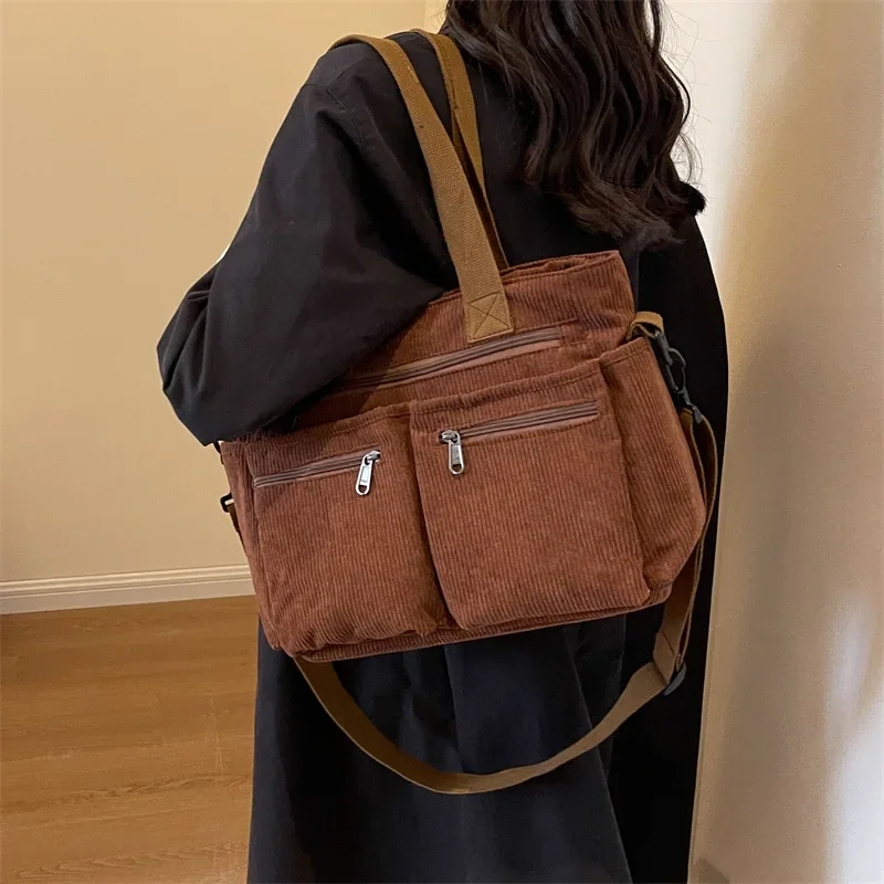 Large Capacity Corduroy Women Tote Bag Classic Korea Style Elegant Shoulder Bag Traveling Multilayer Thick Classy Crossbody Bag