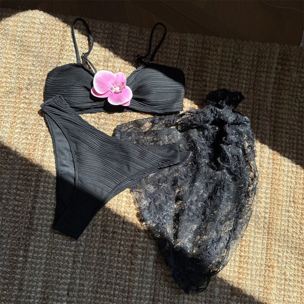 

Sexy Black Bikini Pink Flower Swimsuit Lace Cover Ups Women Ribbing Swimming Bikinis Vacation Swimwear Beach Outfit Bathing Suit