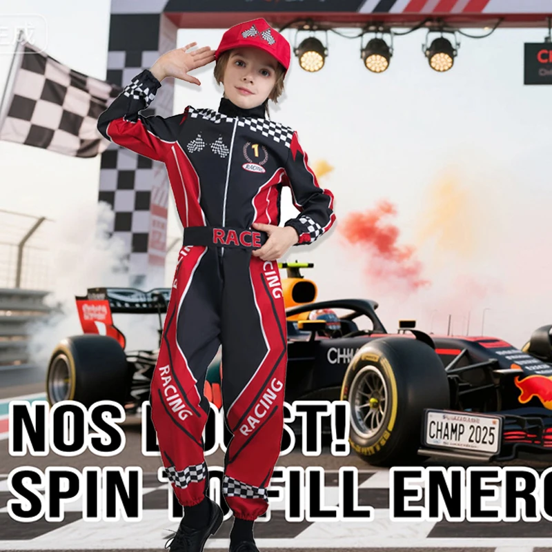 لولانتا 5 قطع زي سباق السيارات للأطفال الأولاد بذلة المتسابق مع قبعة الوظيفي فستان ملابس الهالوين 4-12 سنة #5
