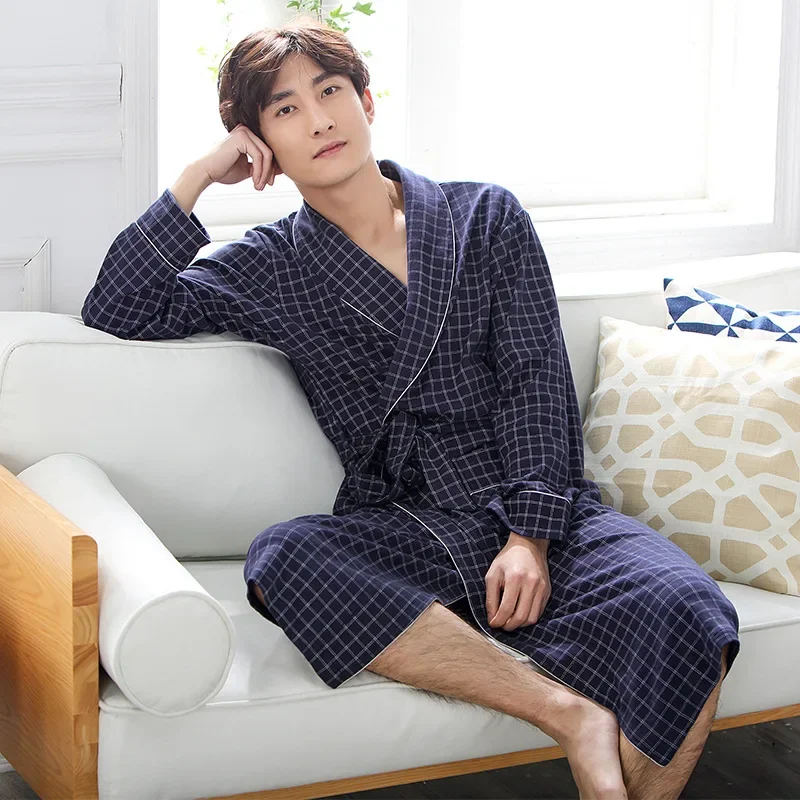 남성용 코튼 잠옷 탑 기모노 가운, 격자 무늬 로브, 긴 목욕 로브, 신부 로브, 드레싱 가운, 2024 용수철 가을