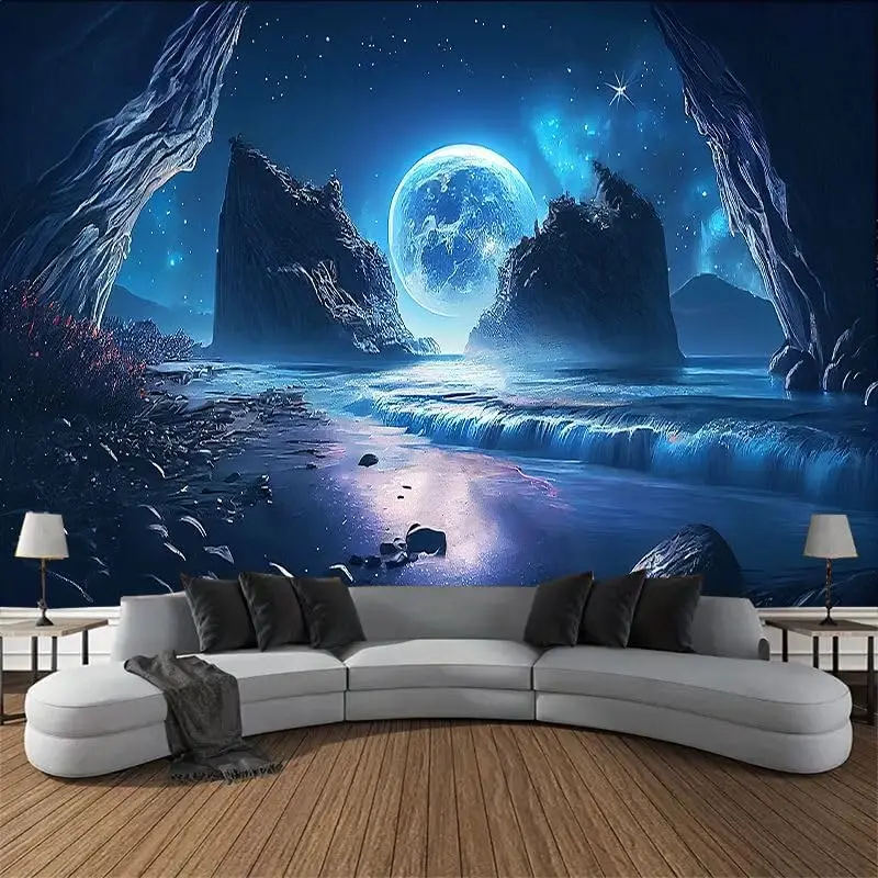 Galaxy Planet Moon Tapestry Mystical Mountain Magic River Space Fantasy Wall Art for Bedroom Living Room Dorm