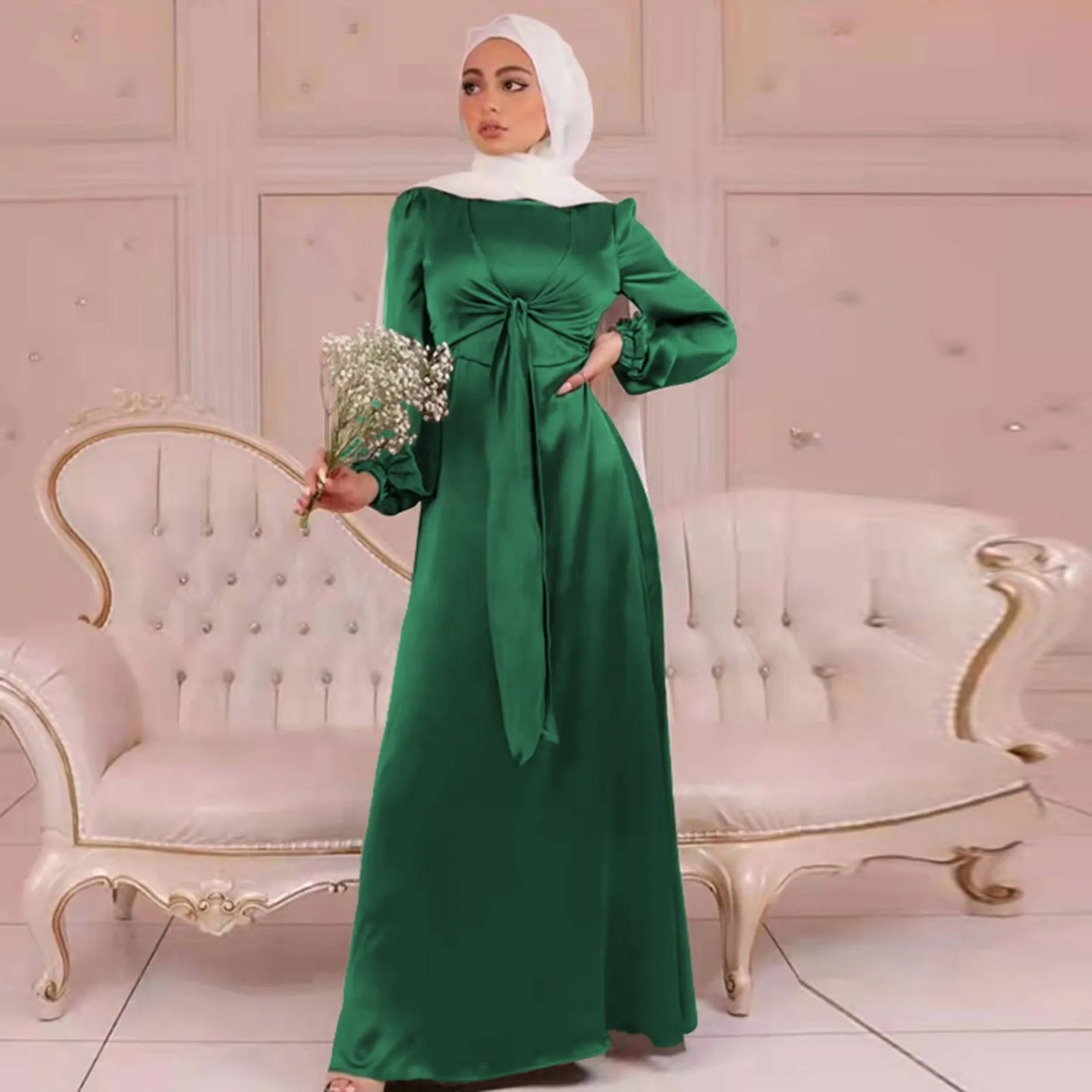 Muslim Long Dress Women Elegant Wrap Satin Abaya Front Belted Hijab Modest Dresses Dubai Turkey Islam Kaftan Robe Ramadan