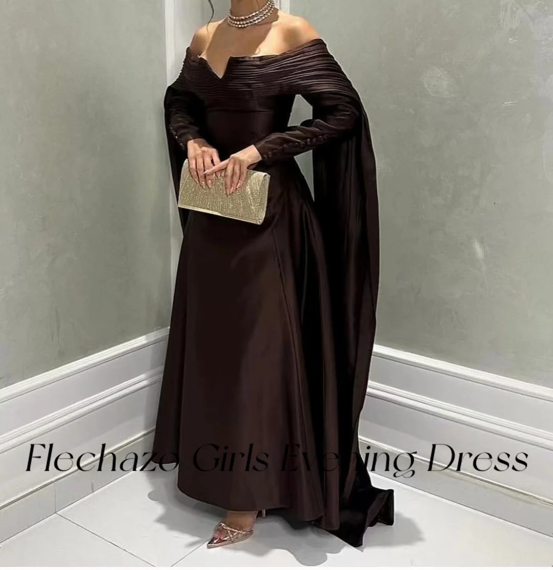 Flechazo Brown Prom Dresses Off Shoulder Pleated Floor-Length Full Sleeves Party Occasion Dress For Women 2024 فساتين السهرة