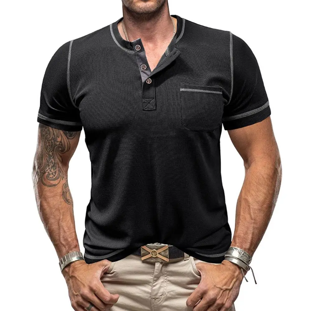 Men's Short Sleeve Henry Collar Polo Shirt In Plaid Henley Shirt Waffle Short Sleeves 3 Button T-shirt Summer Daily Casual Tops