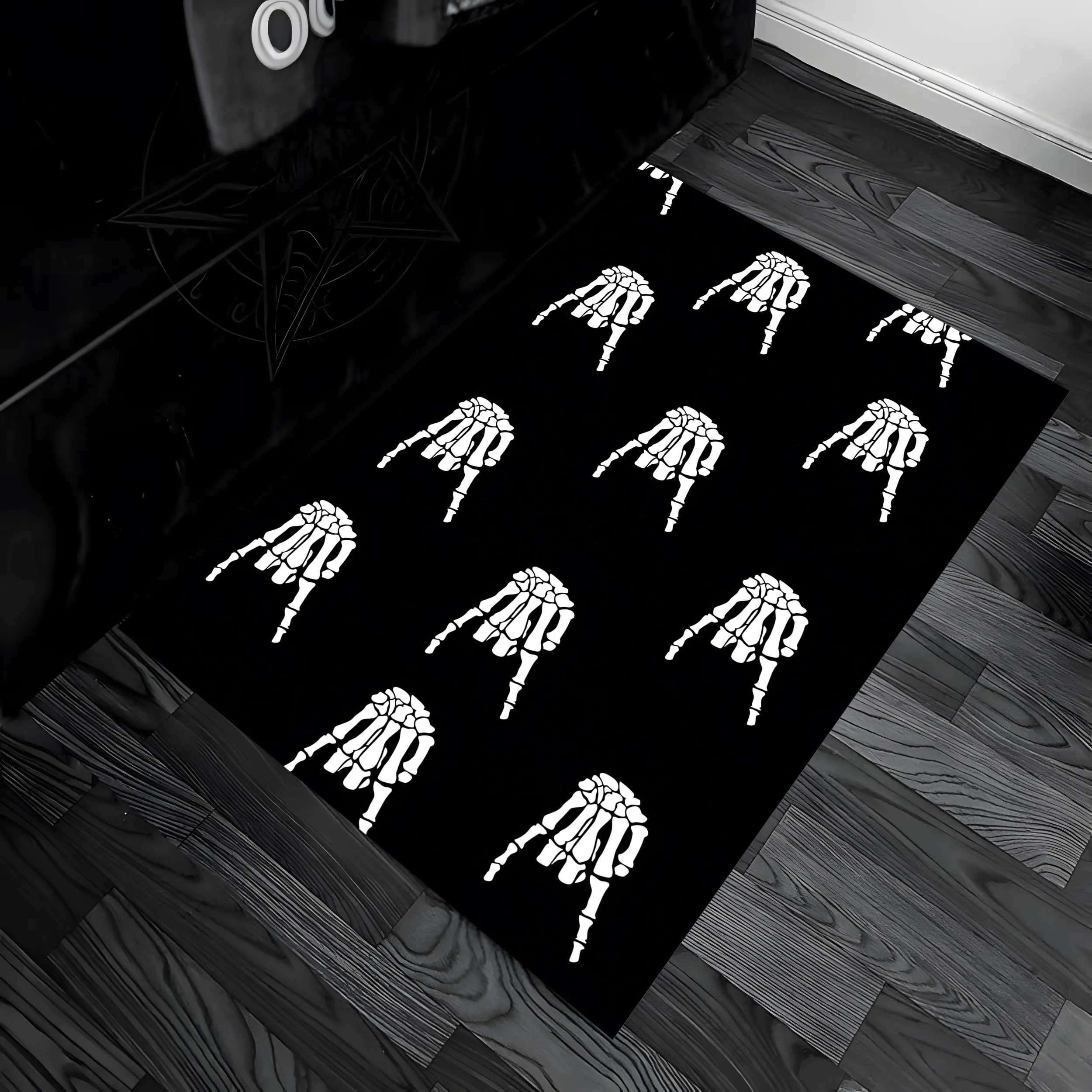A Skull Hand Rock Gesture Print All-Over Dark and Cool Halloween-Themed Velvet Rug Suitable for Entryways, Living Rooms, and Bedrooms Eye-Catching and Stylish.
