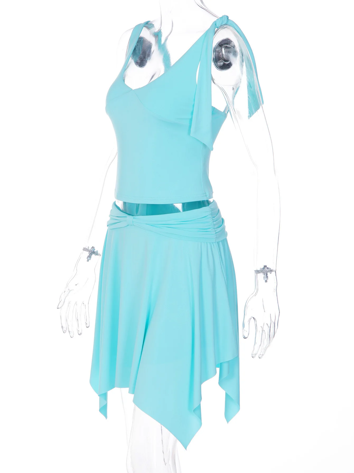Mintgrünes U-Ausschnitt-Top mit Krawatte und Midi-Rock-Set, Dehnbares Figurbetontes Crop-Top mit Gedrehtem Unregelmäßigem Rock, Zweiteiliges Outfit – Detail 7