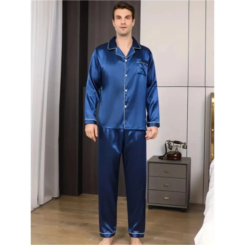 Men\'s Big Size Pajamas Set Silk Satin Sleepwear Shirt Long Short Sleeve Pijama Male Home Suit Loungewear Summer Winter Nightwear