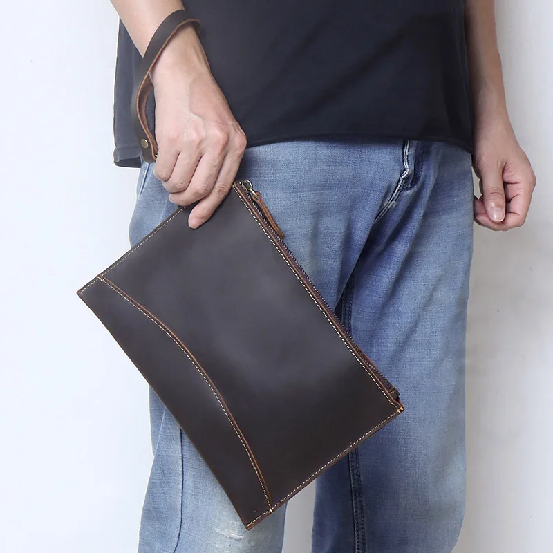 

Crazy Horse leather retro envelope clutch, men's zipper handbag, genuine leather light and simple briefcase