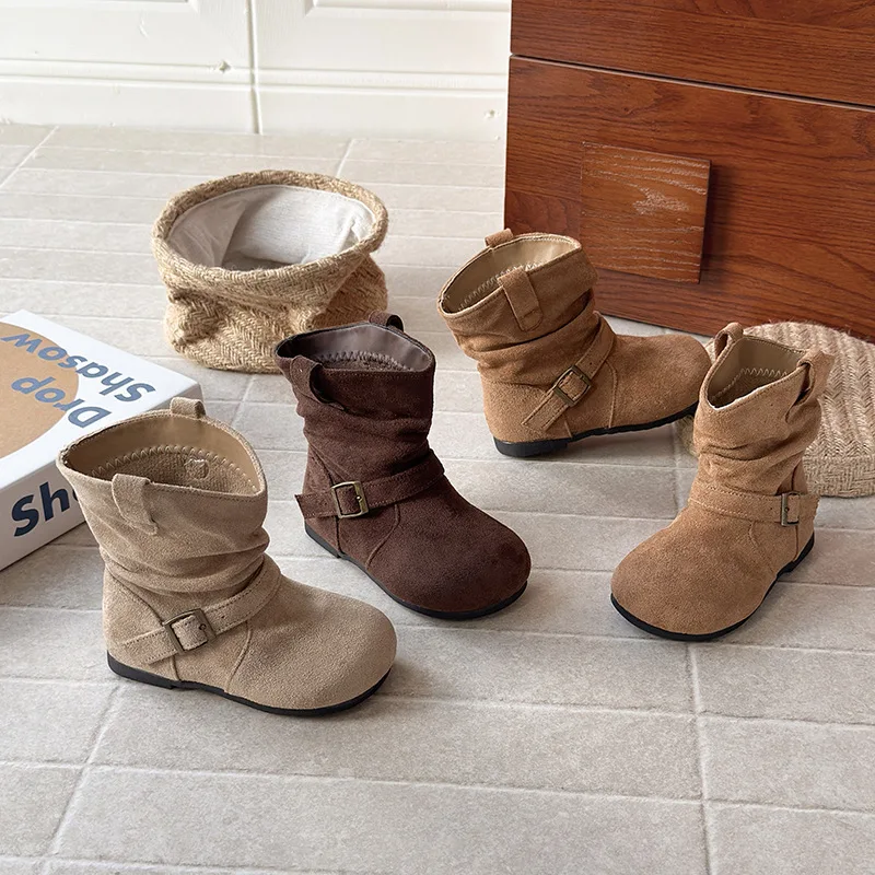 Kids'Boots Buckle PU Leather Winter Fashion Outdoor Thick Bottom Shoes For Children Warm Anti-slip White Brown Size 23-34