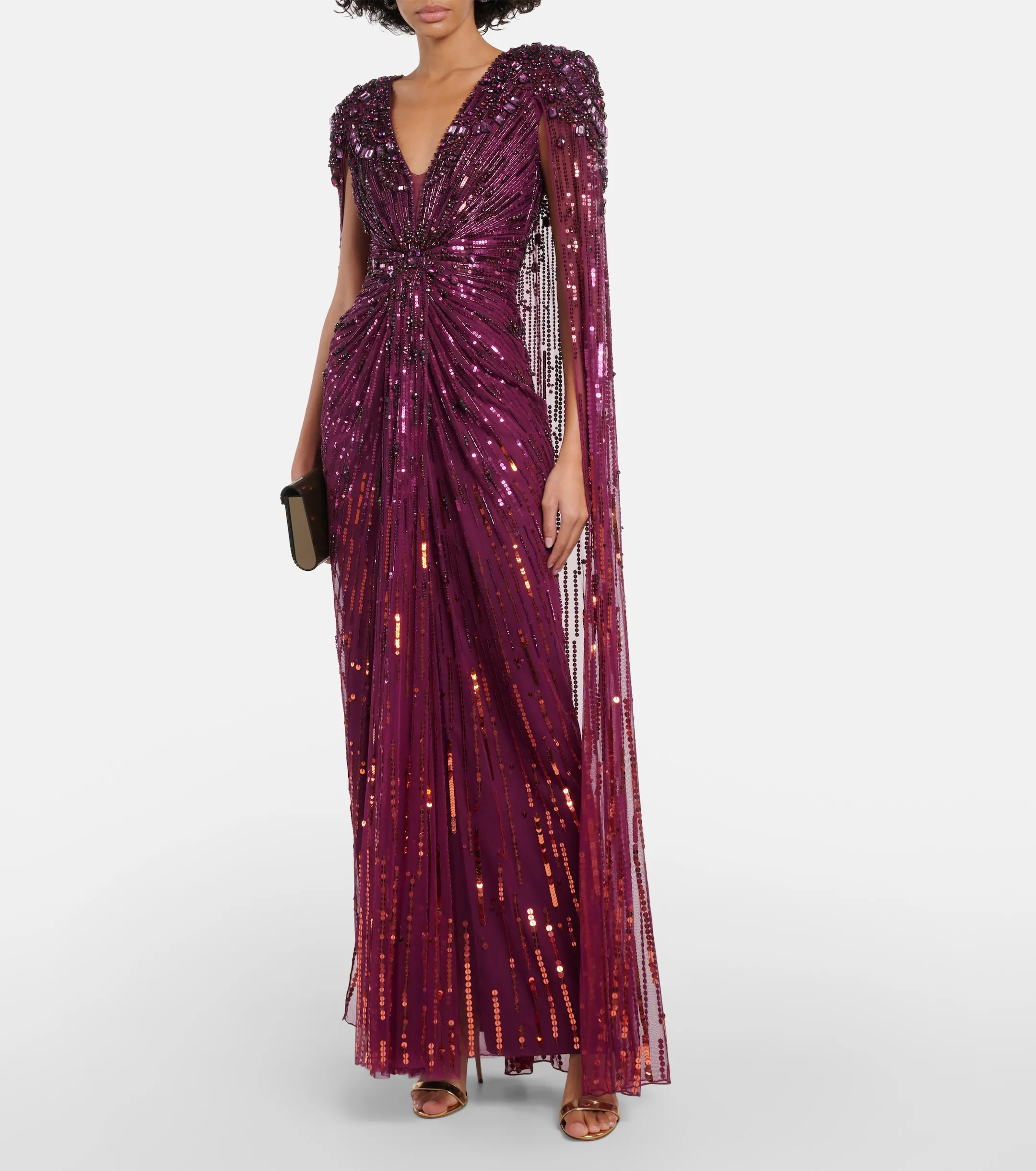 Sharon Said Dubai Burgunderrotes Abendkleid mit V-Ausschnitt und Cape-Ärmeln, Perlenbesetztes A-Linien-Kleid, Damen-Abendkleid SS399 Maßanfertigung – Detail 11